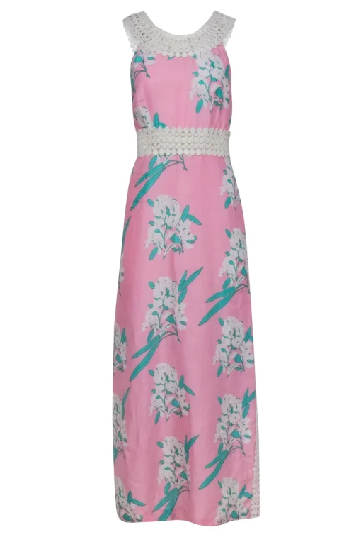 Calypso - Pink & Green Floral Maxi Dress w/ Eyelet Neckline Sz S