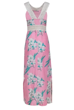 Calypso - Pink & Green Floral Maxi Dress w/ Eyelet Neckline Sz S