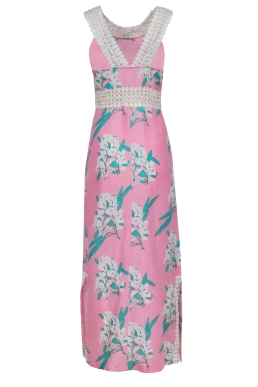 Calypso - Pink & Green Floral Maxi Dress w/ Eyelet Neckline Sz S
