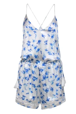 Cami - White & Blue Floral Print Racerback Silk "Chandler" Romper Sz M