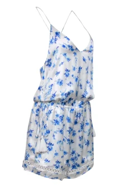Cami - White & Blue Floral Print Racerback Silk "Chandler" Romper Sz M
