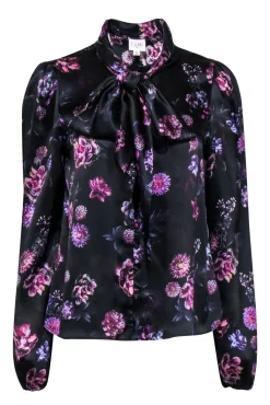 Cami NYC - Black & Purple Floral Print Silk Blouse w/ Neck Tie Sz M