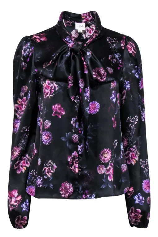 Cami NYC - Black & Purple Floral Print Silk Blouse w/ Neck Tie Sz M