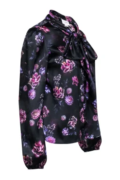 Cami NYC - Black & Purple Floral Print Silk Blouse w/ Neck Tie Sz M