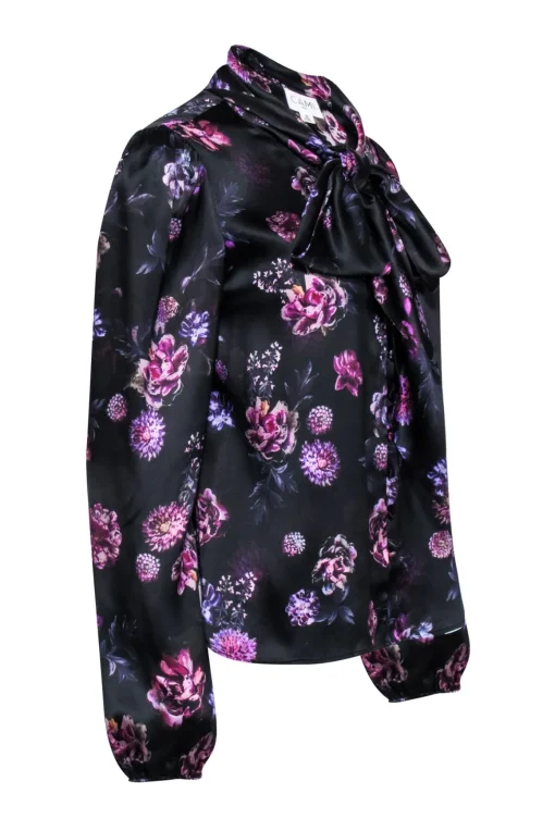 Cami NYC - Black & Purple Floral Print Silk Blouse w/ Neck Tie Sz M