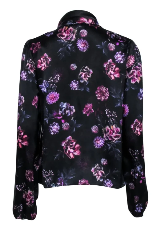 Cami NYC - Black & Purple Floral Print Silk Blouse w/ Neck Tie Sz M