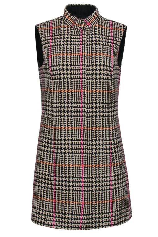 Carlisle - Beige & Multicolor Houndstooth Plaid Button-Up Longline Vest Sz 6