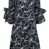Carolina Herrera - Black & White Floral Print Bell Sleeve Shift Dress Sz S