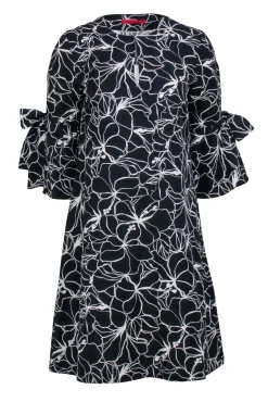 Carolina Herrera - Black & White Floral Print Bell Sleeve Shift Dress Sz S