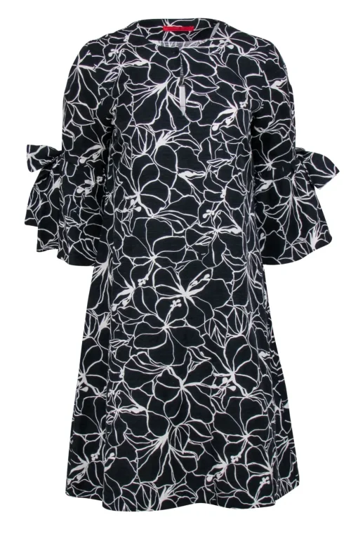 Carolina Herrera - Black & White Floral Print Bell Sleeve Shift Dress Sz S