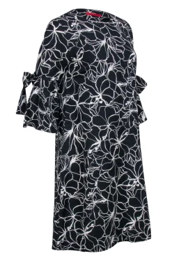 Carolina Herrera - Black & White Floral Print Bell Sleeve Shift Dress Sz S