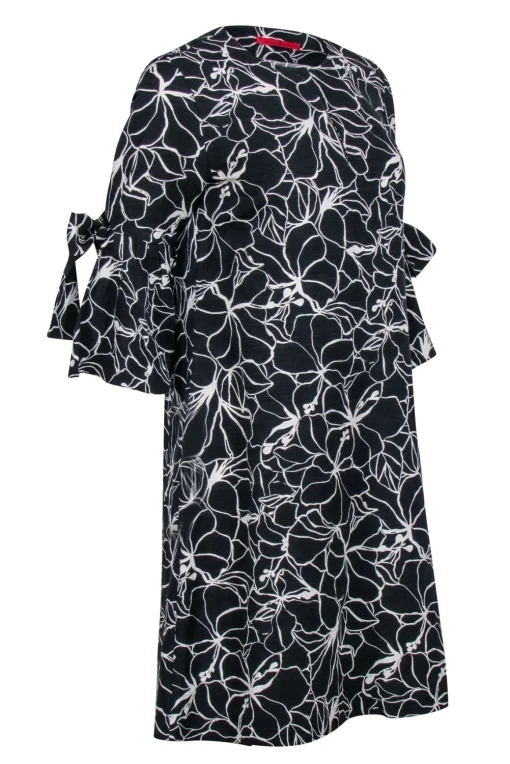 Carolina Herrera - Black & White Floral Print Bell Sleeve Shift Dress Sz S