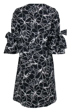 Carolina Herrera - Black & White Floral Print Bell Sleeve Shift Dress Sz S