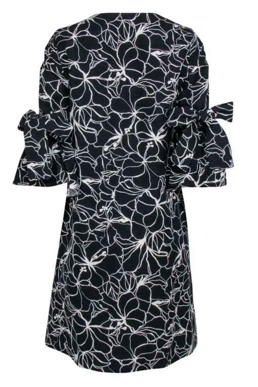 Carolina Herrera - Black & White Floral Print Bell Sleeve Shift Dress Sz S
