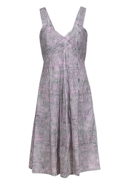 Carolina Herrera - Ivory w/ Pink & Black Stripe Print Cotton Midi Dress Sz 8
