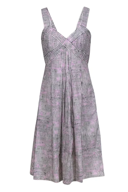 Carolina Herrera - Ivory w/ Pink & Black Stripe Print Cotton Midi Dress Sz 8
