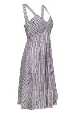 Carolina Herrera - Ivory w/ Pink & Black Stripe Print Cotton Midi Dress Sz 8