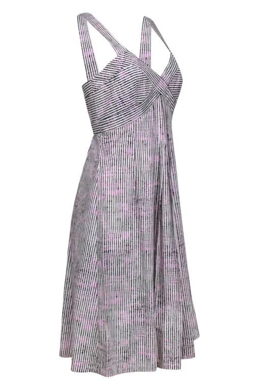 Carolina Herrera - Ivory w/ Pink & Black Stripe Print Cotton Midi Dress Sz 8