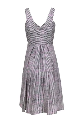 Carolina Herrera - Ivory w/ Pink & Black Stripe Print Cotton Midi Dress Sz 8