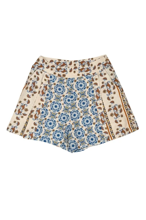 Carolina K - Cream, Blue, Yellow, & Rust Floral Print Pleated Shorts Sz M