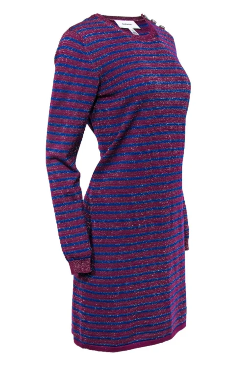 Carven - Blue & Plum Striped Metallic Knitted Sweater Dress Sz L