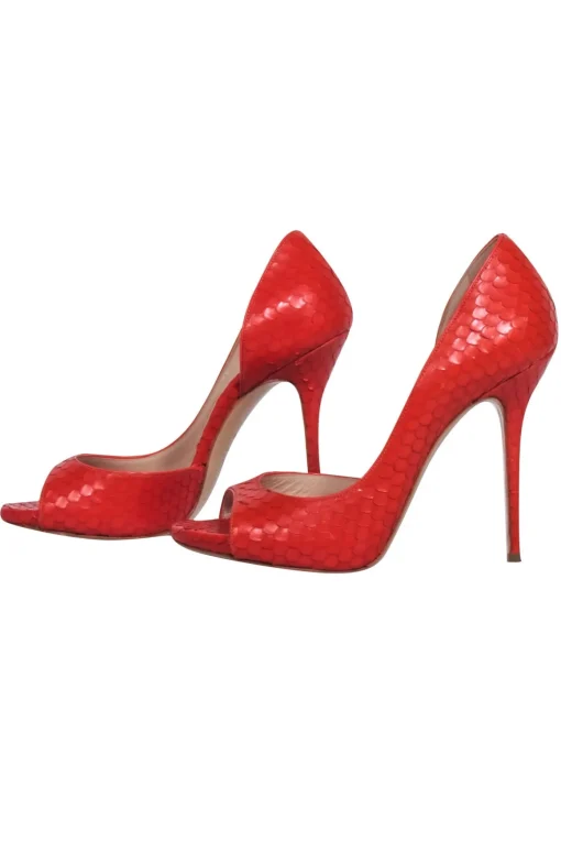 Casadei - Orange Snakeskin Textured Open Toe Pumps Sz 6