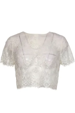 Catherine Deane - White Lace Sheer Cropped Top w/ Pearl Beading Sz 4