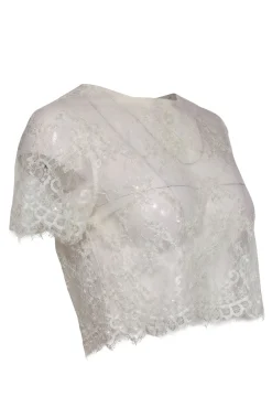 Catherine Deane - White Lace Sheer Cropped Top w/ Pearl Beading Sz 4