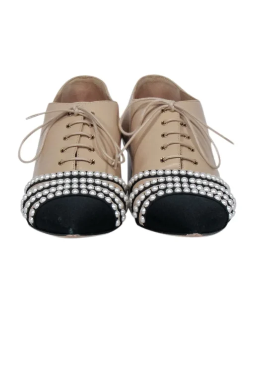 Chanel - Beige, Black, & Pearl Low Heel Loafers Sz 9