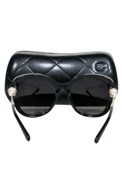 Chanel - Black Oversized Square Sunglasses w/ Faux Pearls