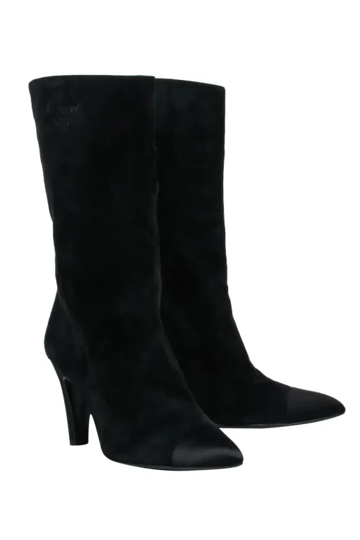 Chanel - Cap Toe Mid-Calf Black Suede Boots w/ Embroidery Sz 8