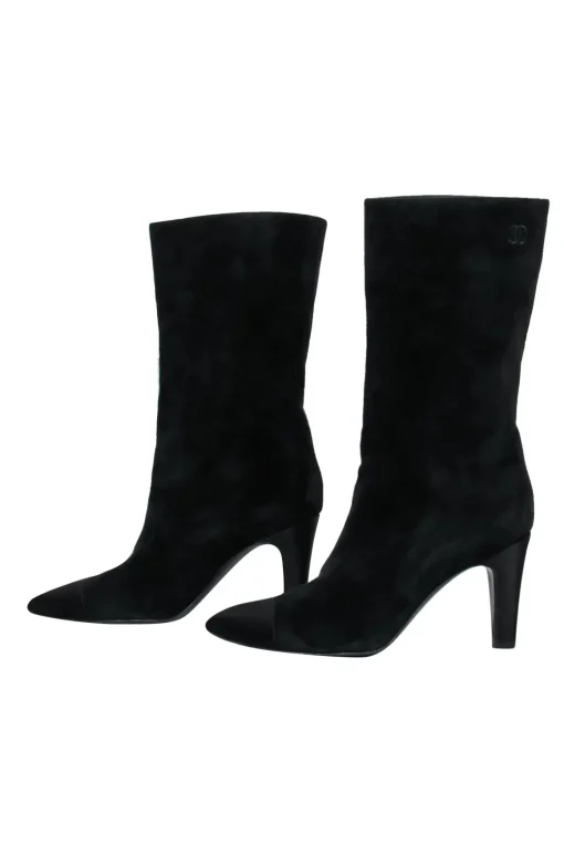 Chanel - Cap Toe Mid-Calf Black Suede Boots w/ Embroidery Sz 8
