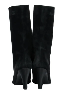 Chanel - Cap Toe Mid-Calf Black Suede Boots w/ Embroidery Sz 8