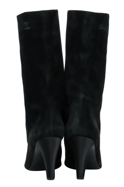 Chanel - Cap Toe Mid-Calf Black Suede Boots w/ Embroidery Sz 8