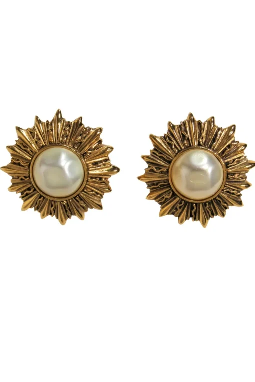 Chanel - Gold & Pearl Sun Design Clip-On Earrings