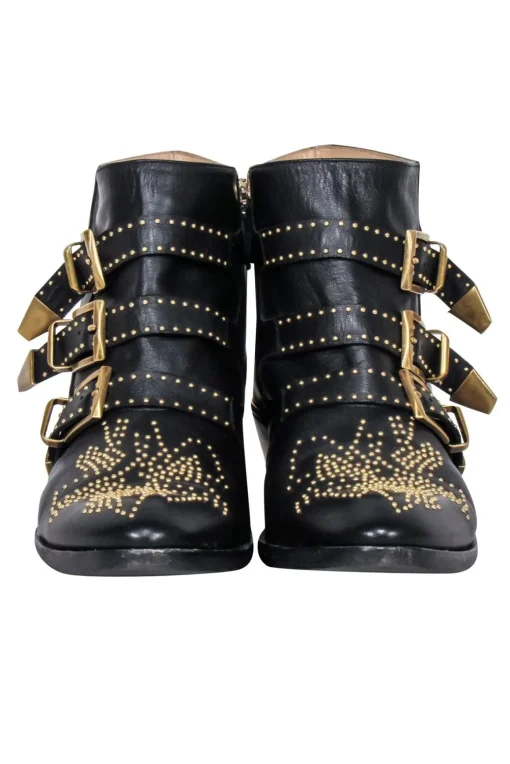 Chloe - Black Leather Gold Studded "Susanna" Booties Sz 11