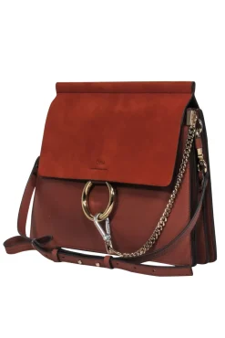 Chloe - Brown Leather & Suede Fold-Over "Faye" Shoulder Bag w/ Ring Hardware