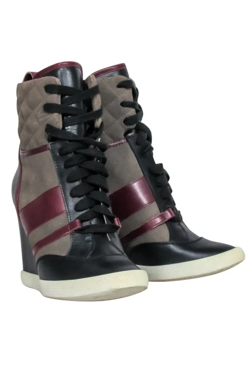 Chloe - Green, Maroon & Black Leather & Quilted Suede Wedge Sneaker Size 8.5