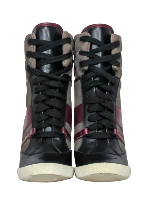 Chloe - Green, Maroon & Black Leather & Quilted Suede Wedge Sneaker Size 8.5