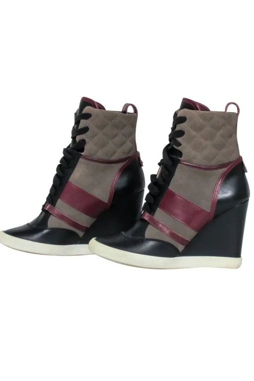 Chloe - Green, Maroon & Black Leather & Quilted Suede Wedge Sneaker Size 8.5
