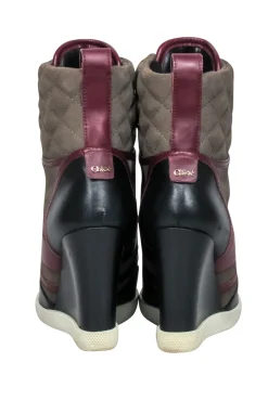 Chloe - Green, Maroon & Black Leather & Quilted Suede Wedge Sneaker Size 8.5