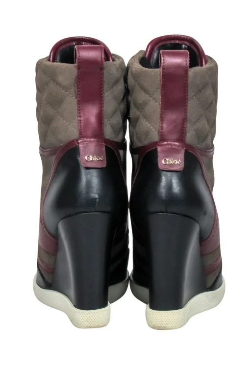 Chloe - Green, Maroon & Black Leather & Quilted Suede Wedge Sneaker Size 8.5