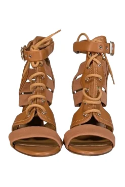 Chloe - Tan Leather & Woven Strappy Open Toe Pumps Sz 12