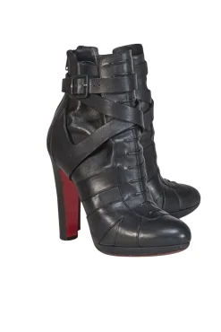 Christian Louboutin - Black Leather Wrap Around Ankle Short Boot Heels