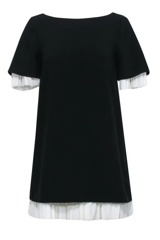 Cinq a Sept - Black Short Sleeve Pleated Mini Dress w/ White Accent Sz XS