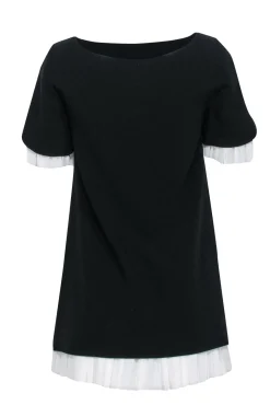 Cinq a Sept - Black Short Sleeve Pleated Mini Dress w/ White Accent Sz XS