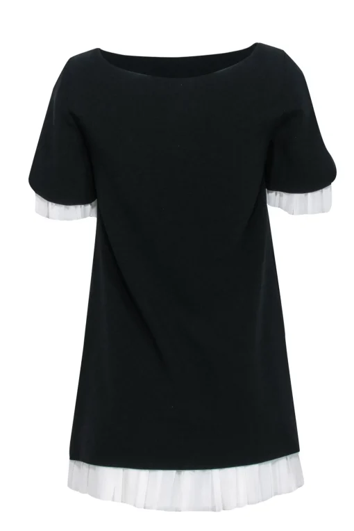 Cinq a Sept - Black Short Sleeve Pleated Mini Dress w/ White Accent Sz XS