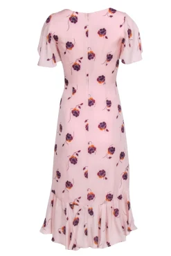 Cinq a Sept - Blush Pink w/ Plum Floral Print Ruffle Trim Dress Sz 2