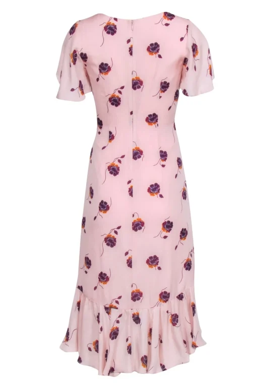 Cinq a Sept - Blush Pink w/ Plum Floral Print Ruffle Trim Dress Sz 2