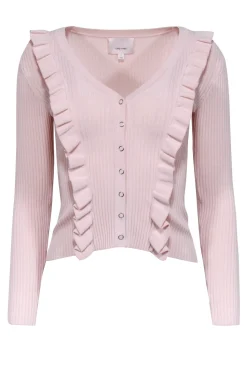 Cinq a Sept - Light Pink V-Neckline Ruffled Trim Ribbed Top Sz S